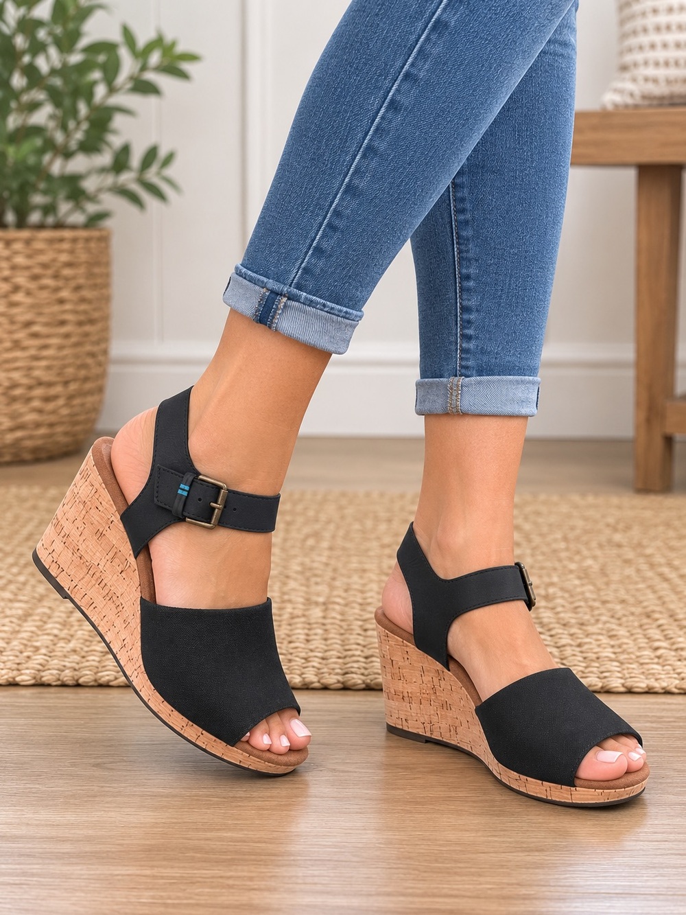 TOMS Black Wedge Slingback Sandals